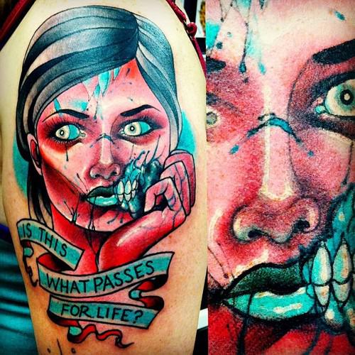 Colorful Zombie Girl Face With Banner Tattoo On Shoulder By Dusty Neal