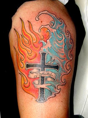 Cross In Water And Fire Tattoo On Shoulder