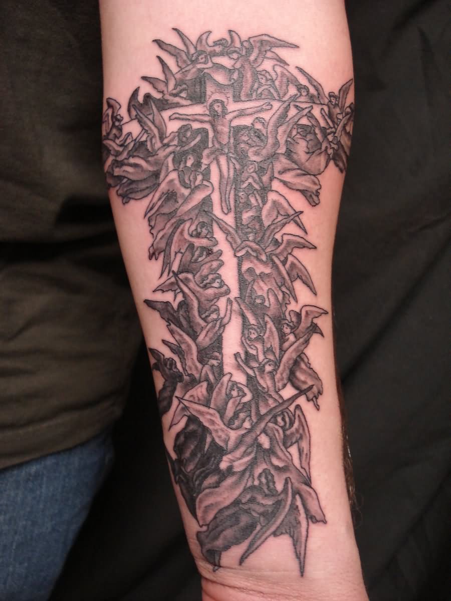 Crucifix Jesus With Angels Tattoo on Forearm by Fabian Cobos