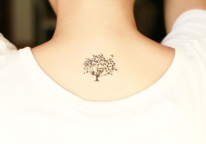 Cute Black Little Tree Tattoo On Upper Back
