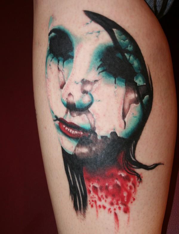 Cute Zombie Girl Face Tattoo On Leg Calf By Eddy Lee