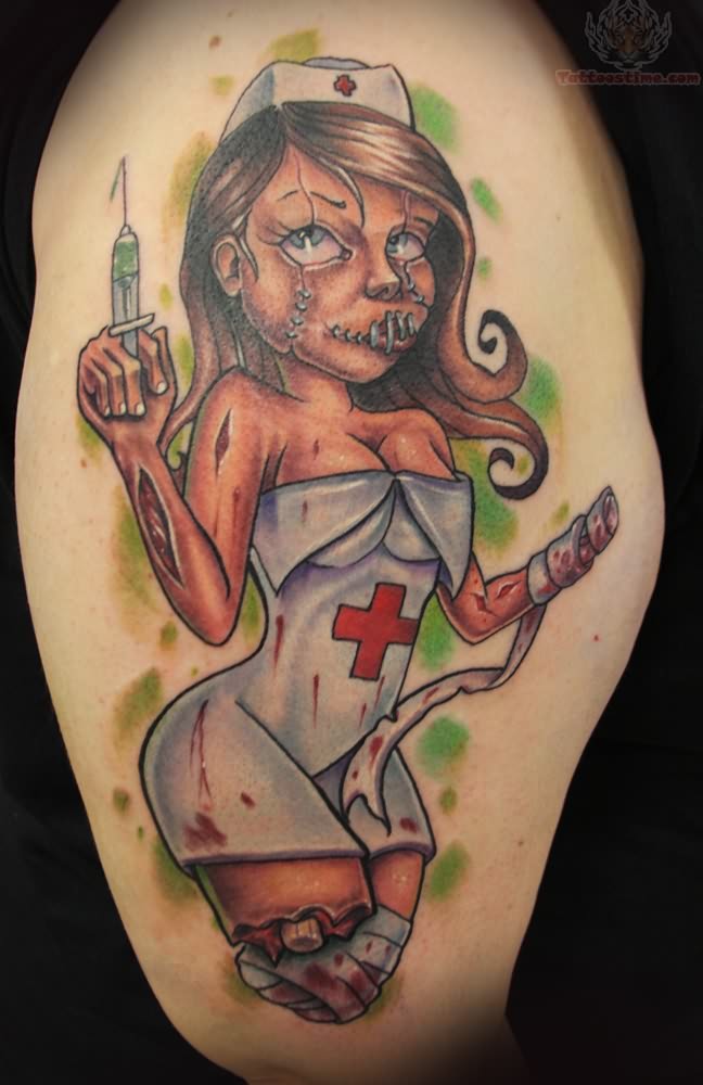 Cute Zombie Nurse Tattoo On Half Sleeve