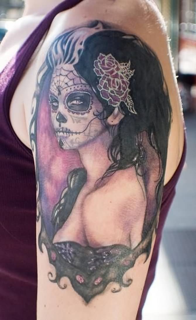 Dia De Los Muertos Gothic Tattoo On Left Shoulder