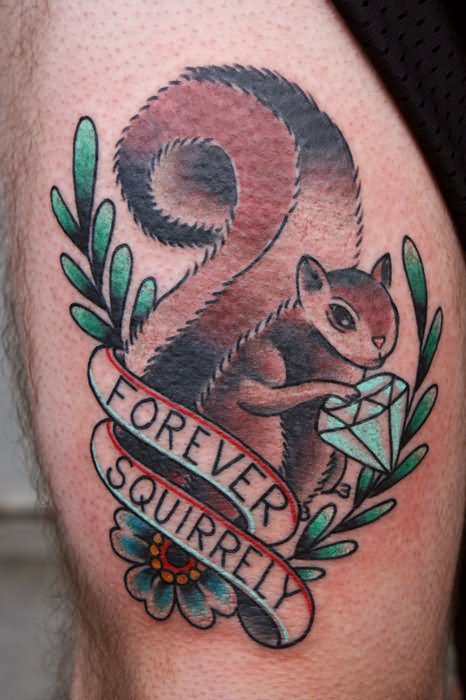 Diamond On Squirrel Hand With Banner Tattoo Design