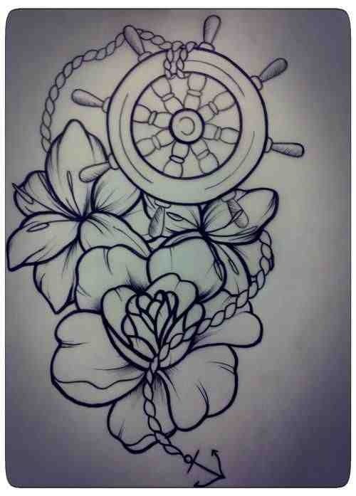 Flowers And Nautical Wheel Tattoo Design Idea