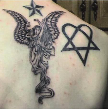 Flying Angel With Nautical Star And Heartagram Tattoo On Right Back Shoulder
