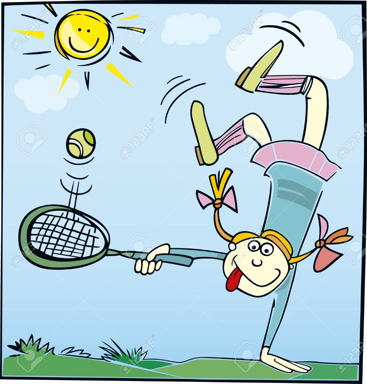 Funny Little Girl Playing Tennis Cartoon