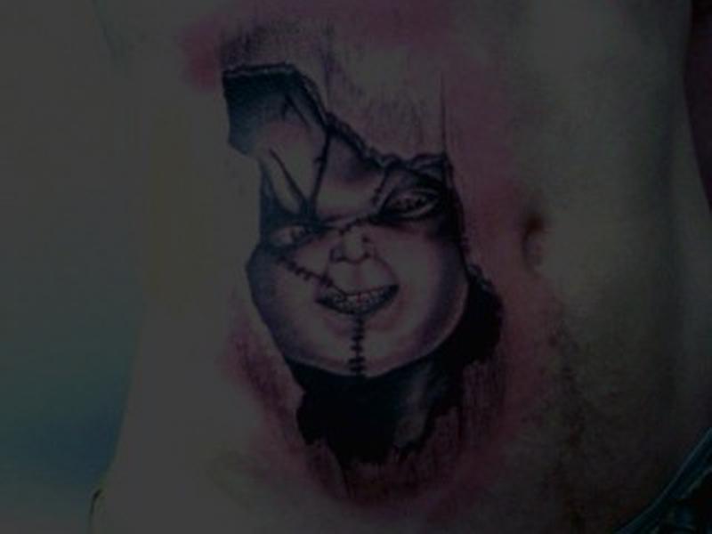 Gothic Chucky Tattoo On Right Hip