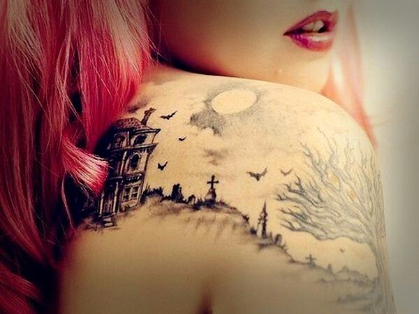 Gothic Tattoo On Girl Right Back Shoulder