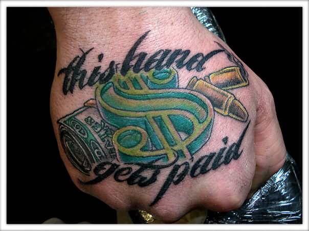 Green 3D Money Symbol Money Bundle And Bullets Tattoo On Hand