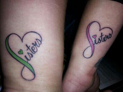 Green And Pink Heart Sister Tattoo Design