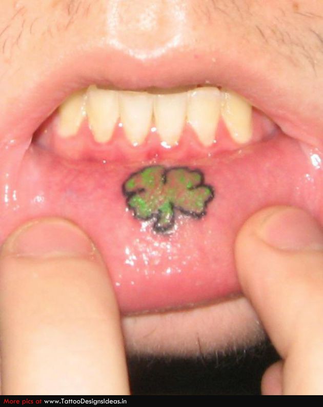 Green Clover Leave Tattoo On Inner Lip