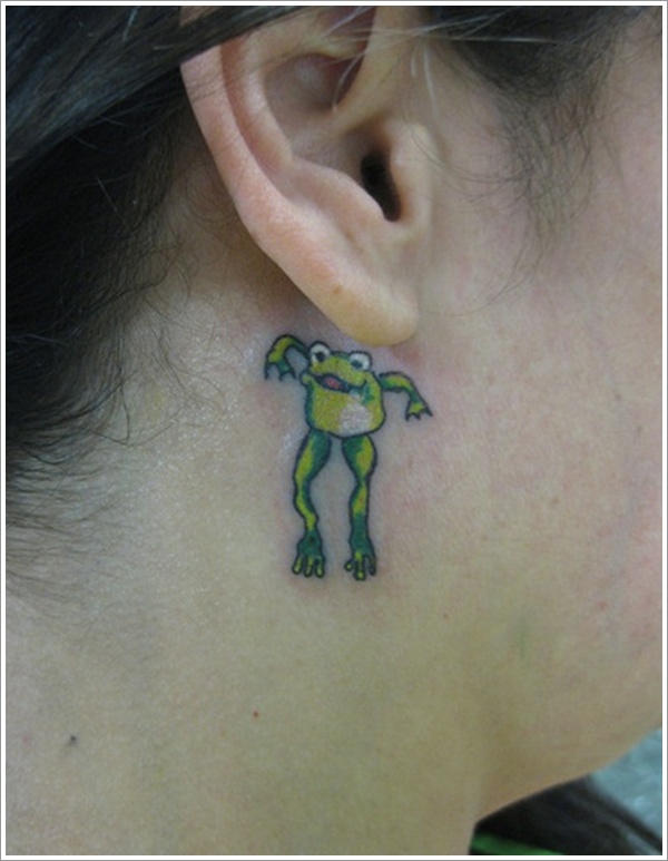 Green Frog Tattoo On Girl Behind The Ear