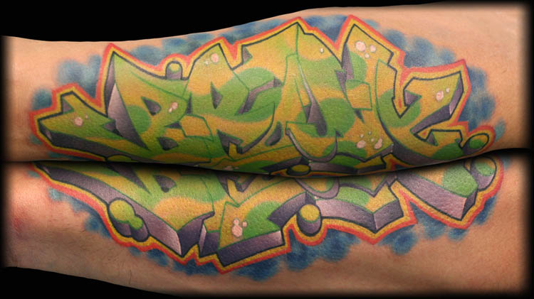Green Graffiti Tattoo On Arm Sleeve