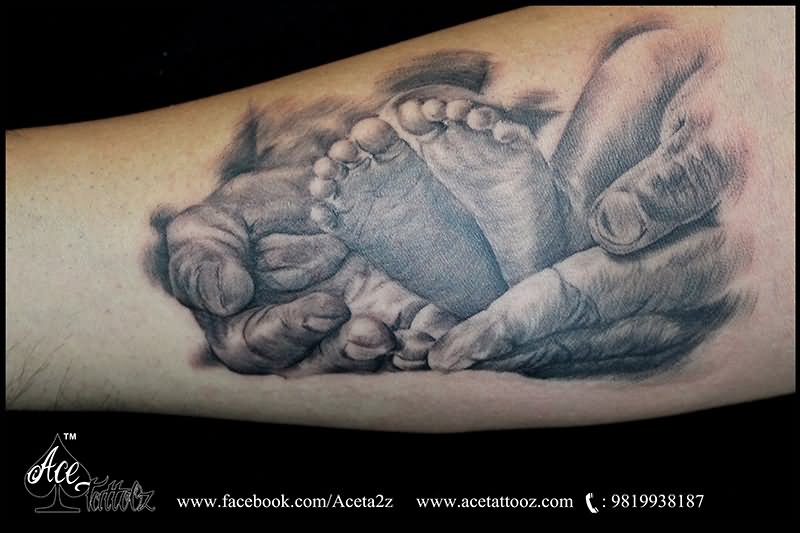 Grey 3D Daughter Feet On Mother Hand Tattoo On Forearm