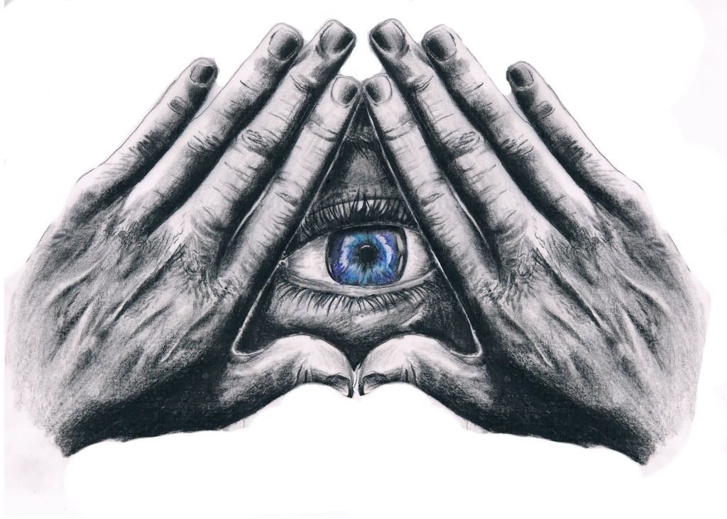 Grey 3D Illuminati Eye With Hands Tattoo Design By Mathias Senfleben