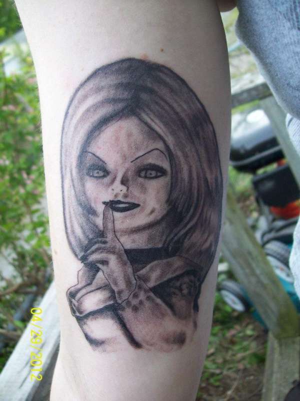 Grey Chucky Bride Tattoo On Half Sleeve