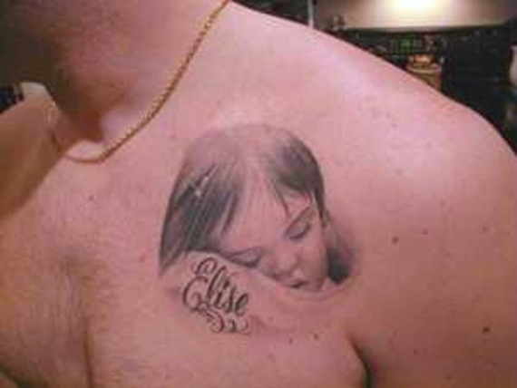 Grey Cute Sleeping Daughter Face Tattoo On Front Shoulder