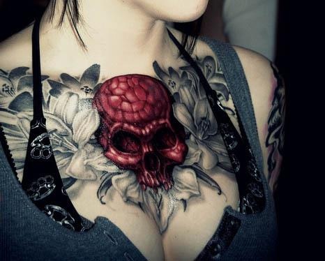 Grey Flowers And Red Gothic Skull Tattoo On Girl Chest