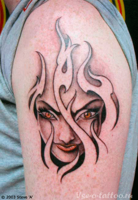 Grey Girl Face In Fire Tattoo On Half Sleeve