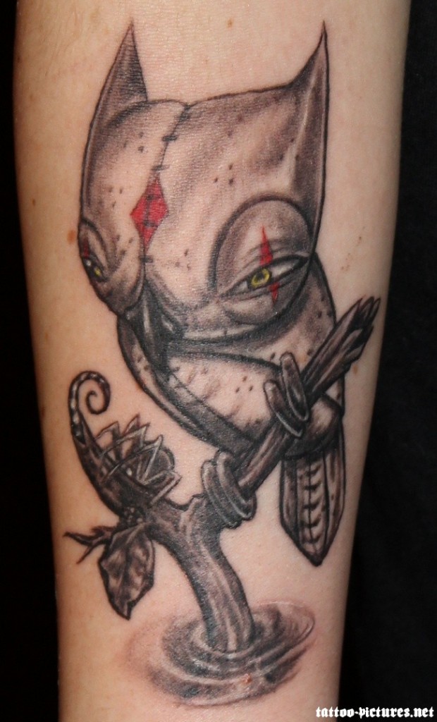 Grey Gothic Owl Tattoo On Leg