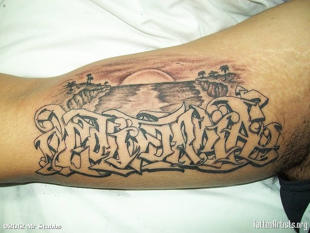 Grey Ink Graffiti Tattoo On Inner Bicep