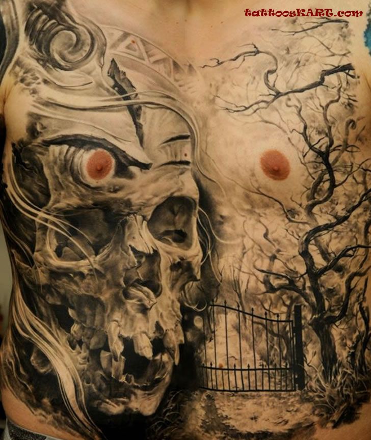 Grey Ink Skull And Graveyard Tattoo On Full Body