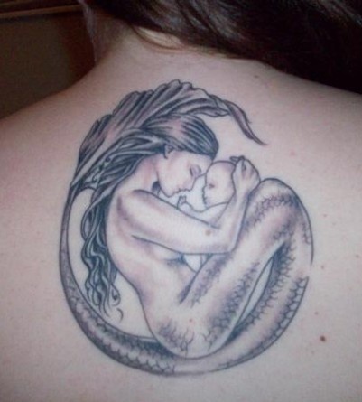 Grey Mermaid Hugging Daughter Tattoo On Girl Upper Back