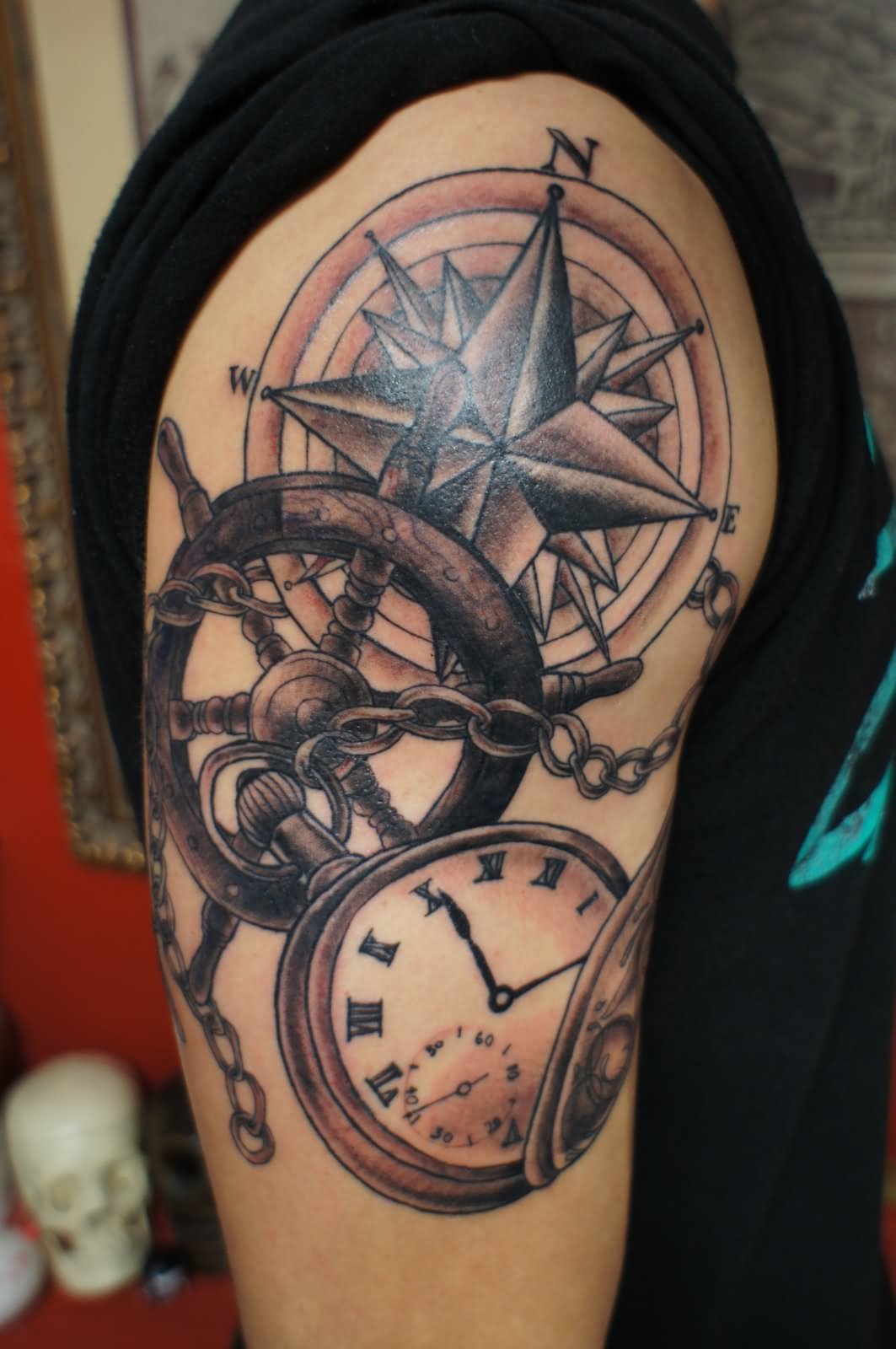 Grey Nautical Compass And Pocket Watch Tattoo On Half Sleeve