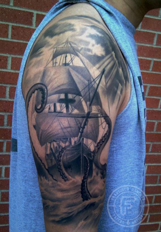 Grey Octopus And Nautical Ship Tattoo On Right Half Sleeve