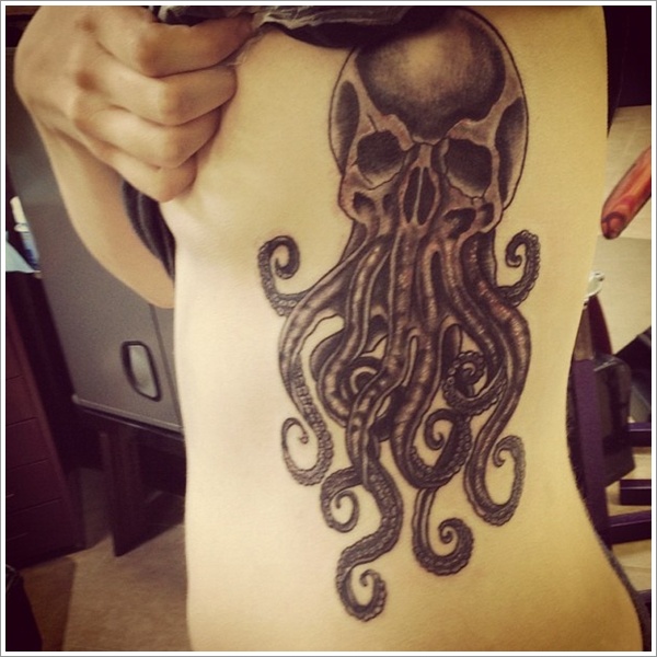 Grey Octopus Tattoo On Left Rib Cage For Girls