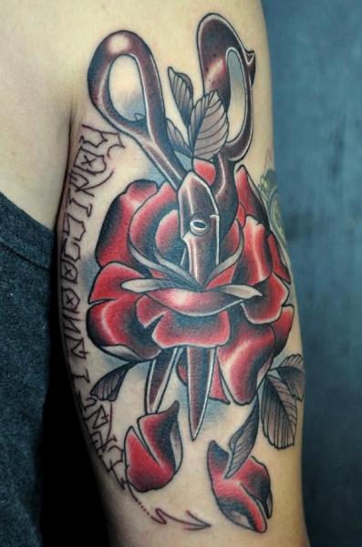 Grey Scissor In Red Rose Tattoo On Half Sleeve