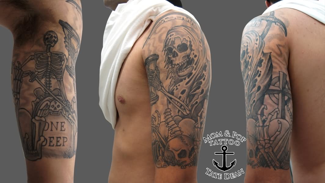 Guy Left Sleeve Graveyard Tattoo For Men