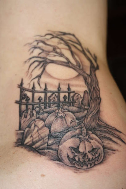Halloween Graveyard Tattoo On Rib Cage