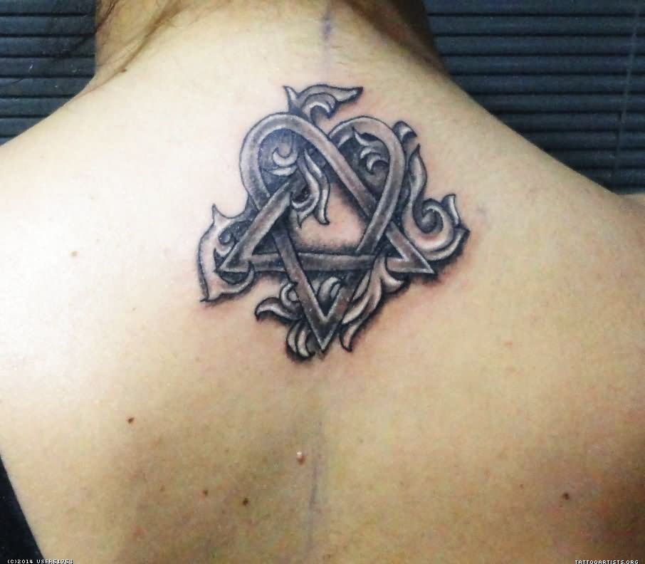Heartagram Tattoo On Upper Back For Girls