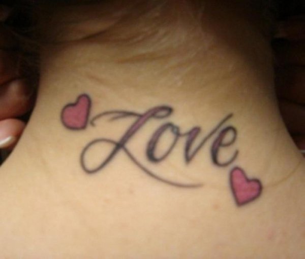 Hearts And Love Tattoo On Nape