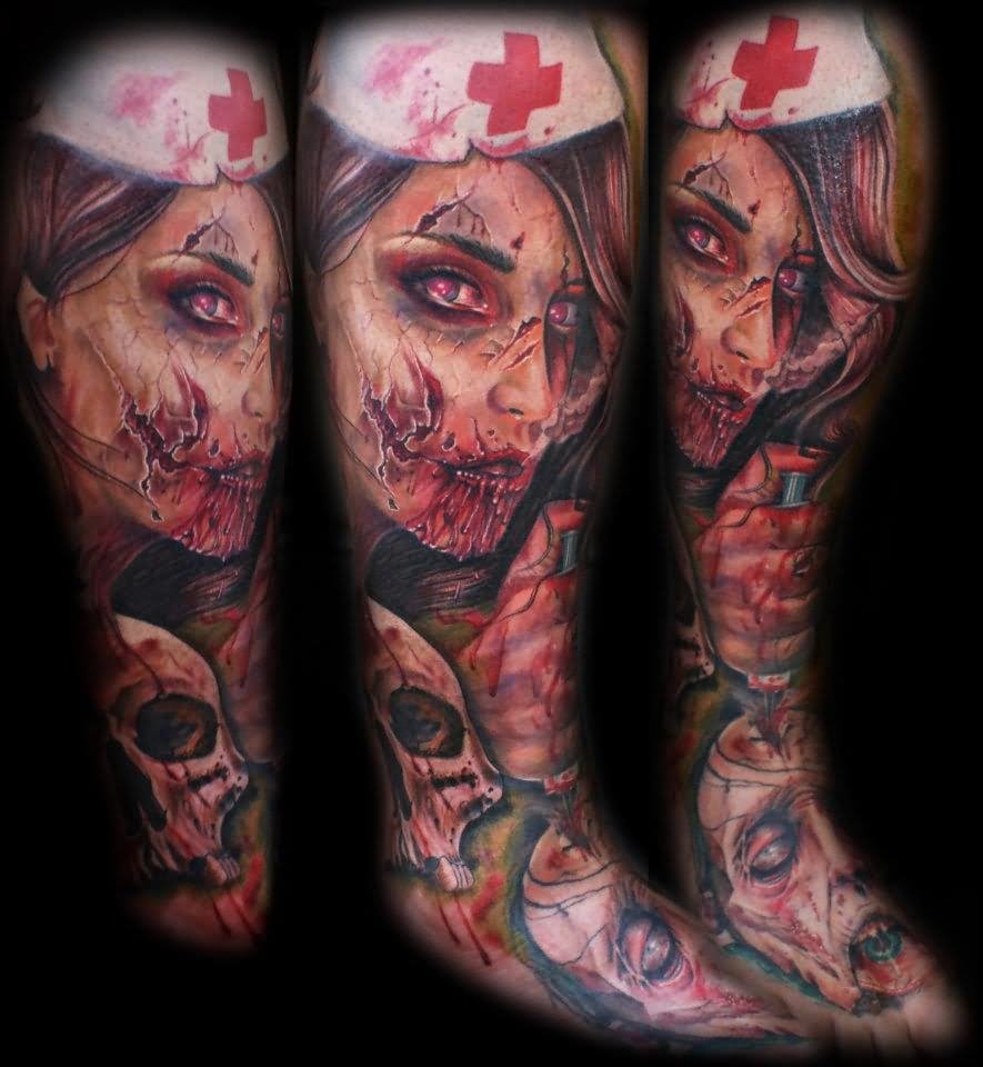 Horror Zombie Nurse Tattoo On Leg And Foot