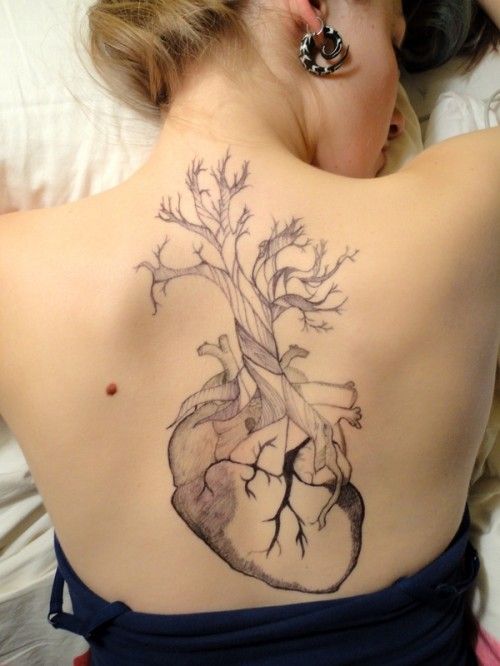 Human Heart and tree tattoo on girl’s back