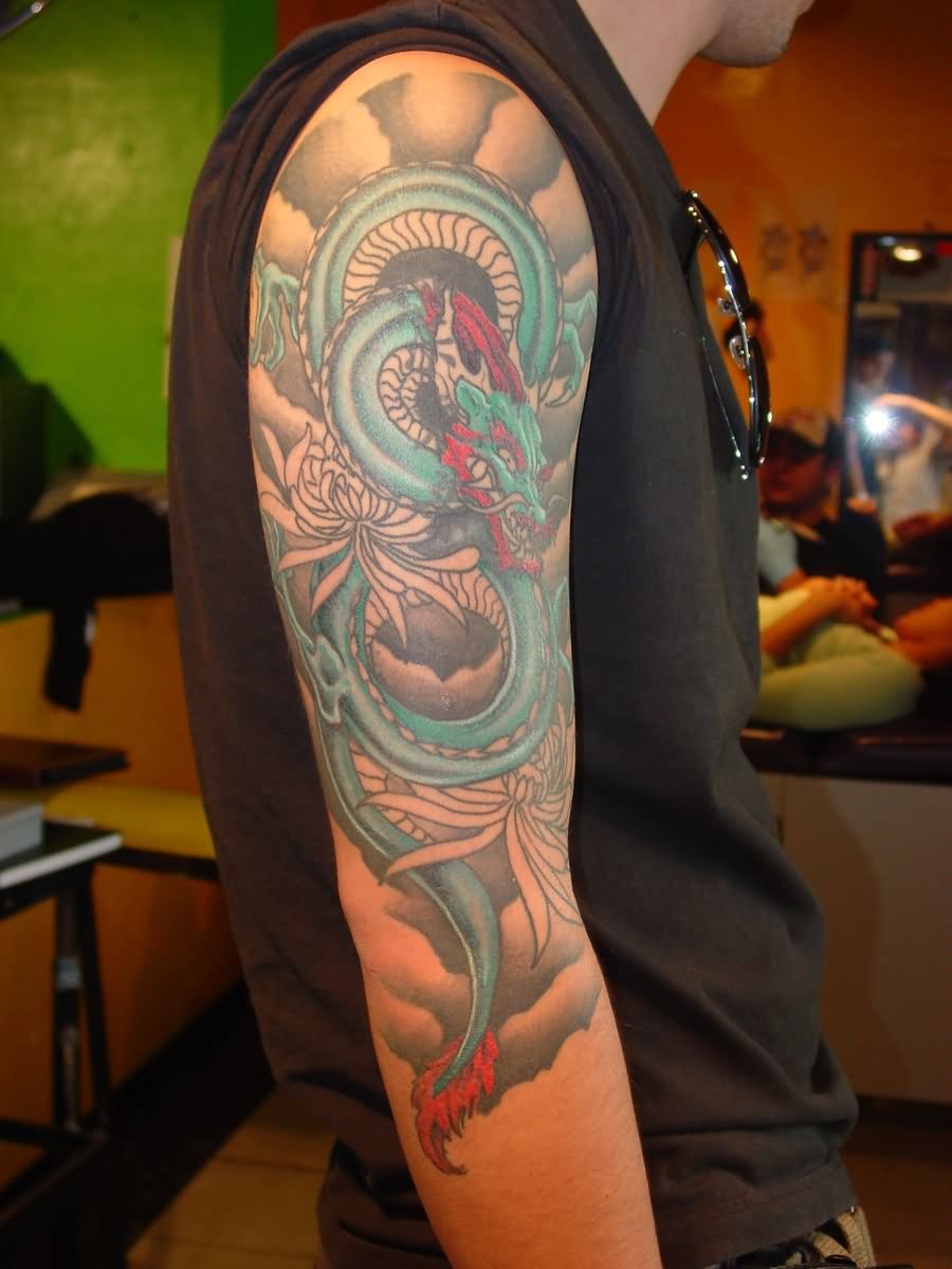 Japanese Dragon With Wind Bars Tattoo on Sleeve by Fabian Cobos