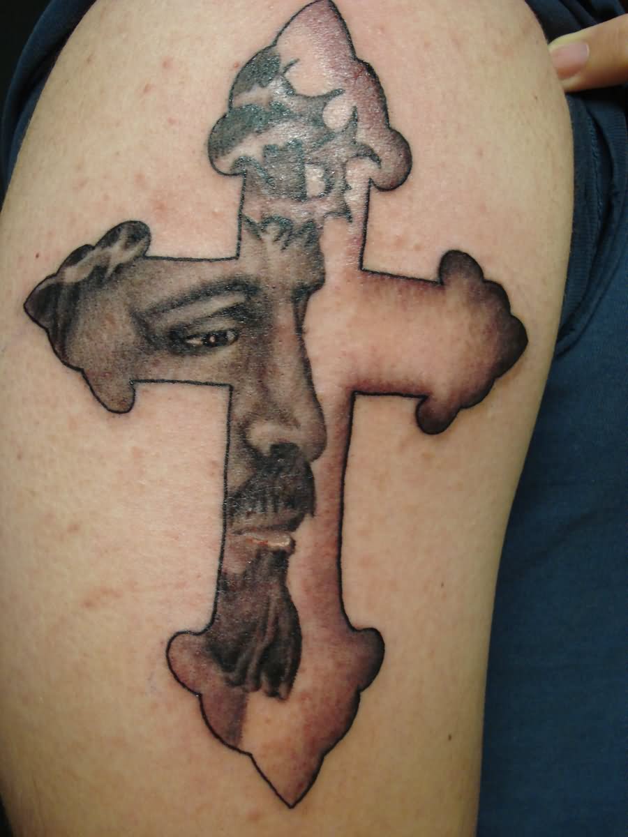 Jesus Within Cross Tattoo on Shoulder By Fabian Cobos