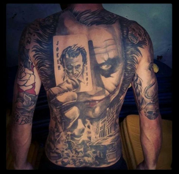 Joker With Play Card Tattoo On Man Full Back