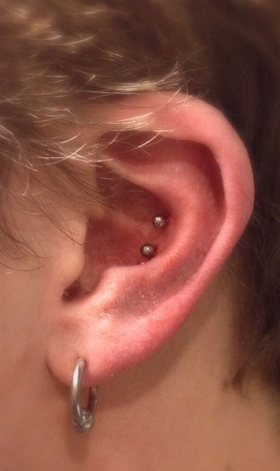 Left Ear Lobe And Dual Conch Piercing For Girls