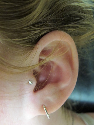Left Ear Lobe And Star Stud Tragus Piercing