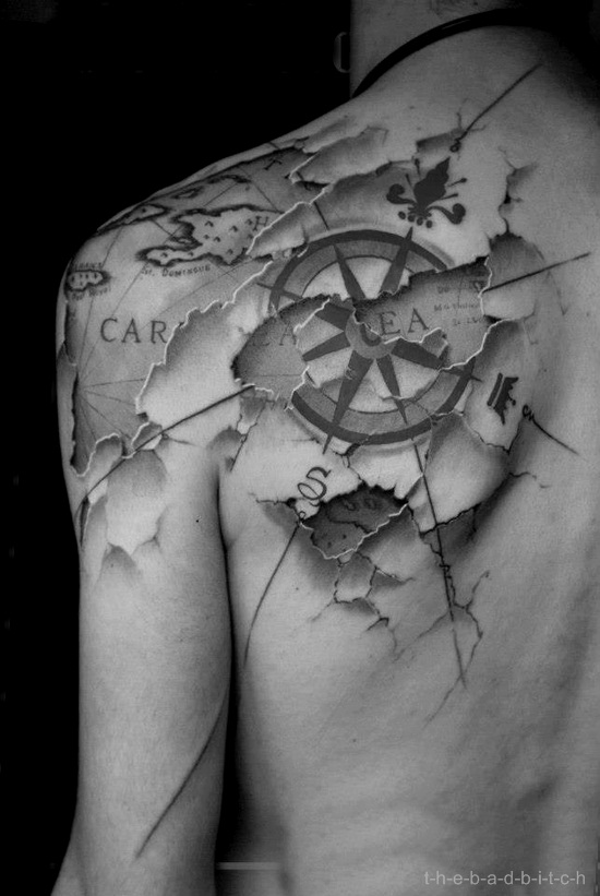 Nautical Map And Compass Tattoo On Left Back Shoulder