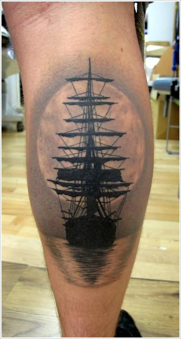 Nautical Ship Tattoo On Man Leg Calf