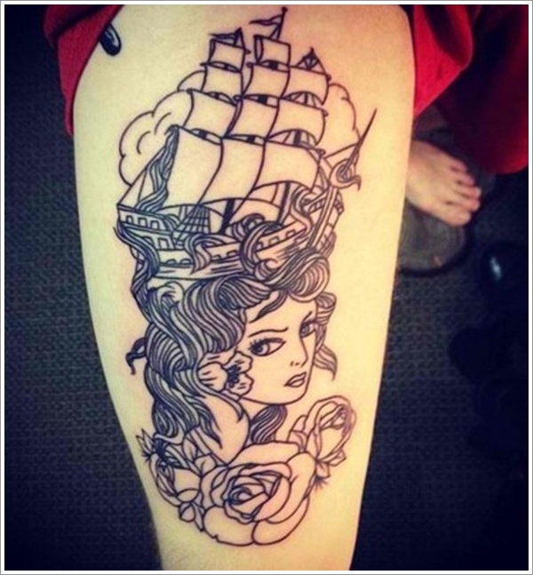 Nautical Tattoo On Right Thigh For Girls
