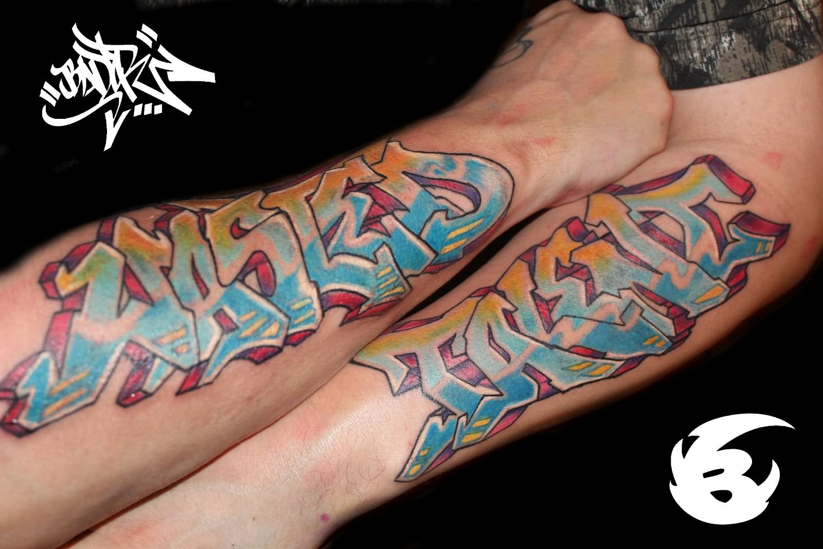 Nice Color Graffiti Tattoos On Both Arm