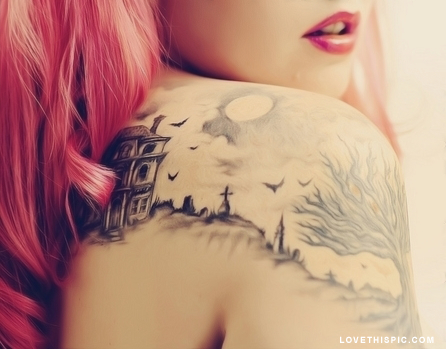 Nice Graveyard Tattoo On Girl Right Back Shoulder
