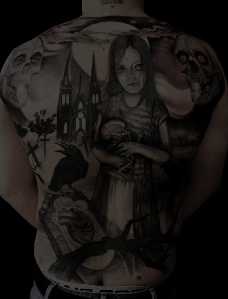 Nice Grey Gothic Tattoo On Man Back Body