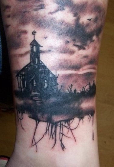 Nice Grey Ink Gothic Tattoo On Leg
